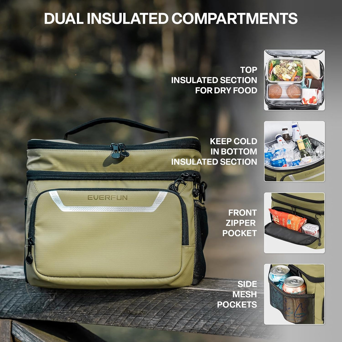 EVERFUN Cooler Bag Insulated Beach Cooler Lunch Bag Box for Men Women Dual Compartments Collapsible Waterproof Leak-Proof for Travel Work Picnic - PuriLite