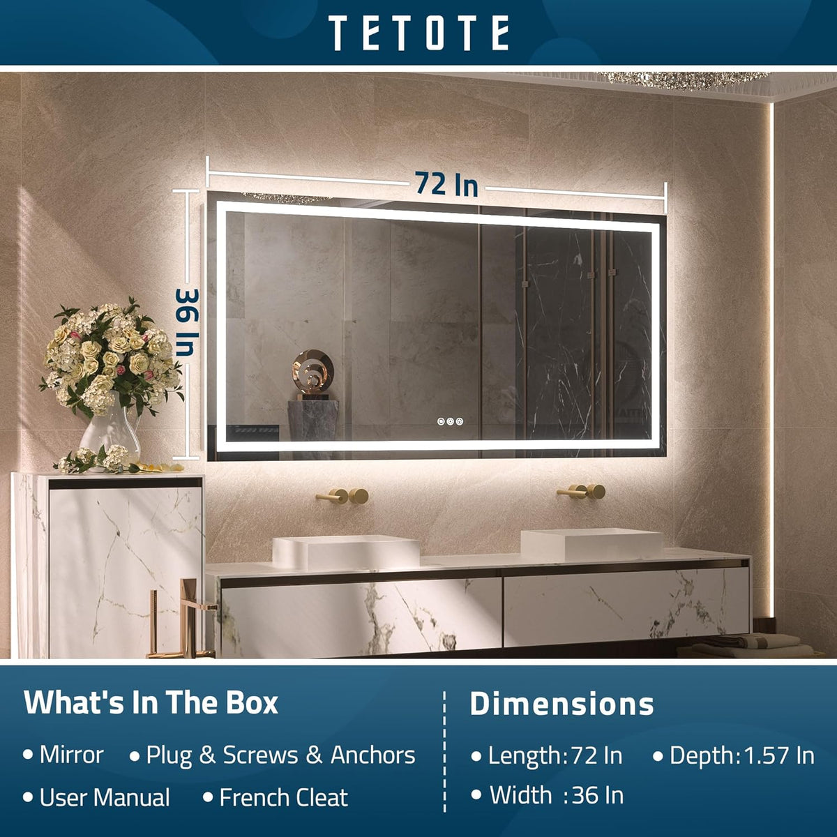 TETOTE 28 Inch Round LED Bathroom Vanity Mirror, Anti-Fog Dimmable Lights IP54 Waterproof Circle Makeup Wall Mounted Mirror - PuriLite