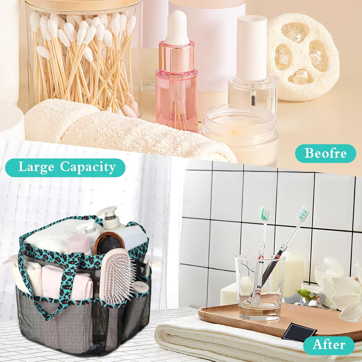 Attmu Mesh Shower Caddy Portable for College Dorm Room Essentials with 8 Pockets, Hanging Shower Caddy Basket Tote Bag Toiletry Accessories for Bathroom - PuriLite