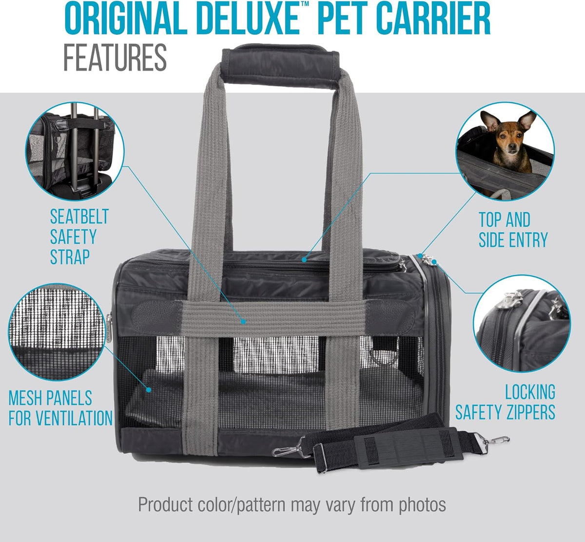 Sherpa Original Deluxe Travel Bag Pet Carrier, Airline Approved & Guaranteed-On-Board - Mesh Panels & Spring Frame, Locking Safety Zippers, Machine Washable Liner - Charcoal Gray, Medium - PuriLite