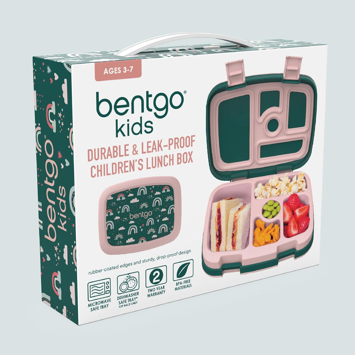 Bentgo Kids Prints Leak-Proof, 5-Compartment Bento-Style Kids Lunch Box - Ideal Portion Sizes for Ages 3-7, Durable, Drop-Proof, Dishwasher Safe, & Made with BPA-Free Materials (Green Rainbow) - PuriLite