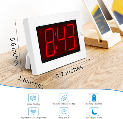 Wall Clock, Digital Clock, 8" Extra Large Display, 3" Big LED Number, Battery Operated, Adjustable Brightness, Clock for Bedroom, for Desk, Wall Mounted - PuriLite