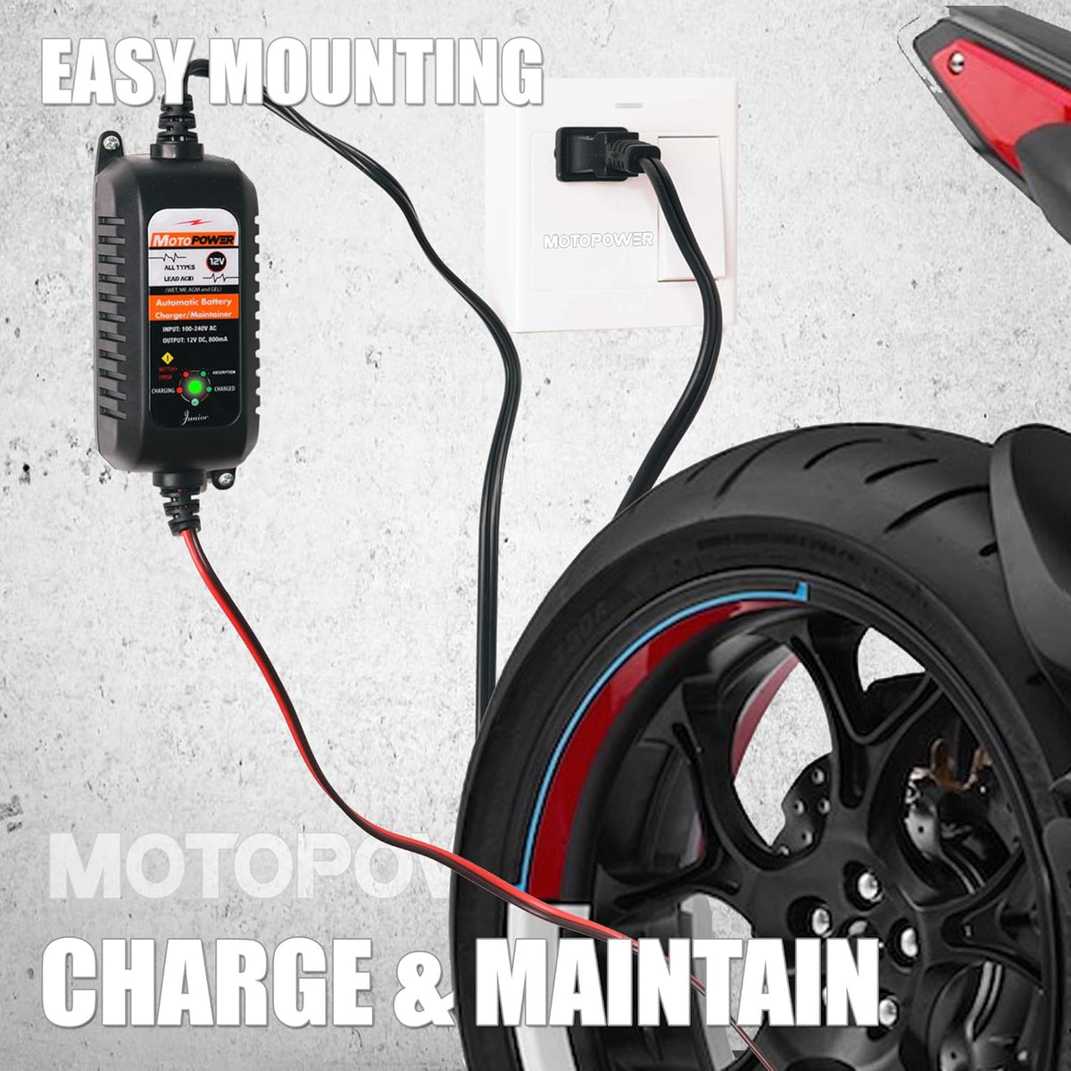 MOTOPOWER MP00205A 12V 800mA Fully Automatic Battery Charger/Maintainer - PuriLite