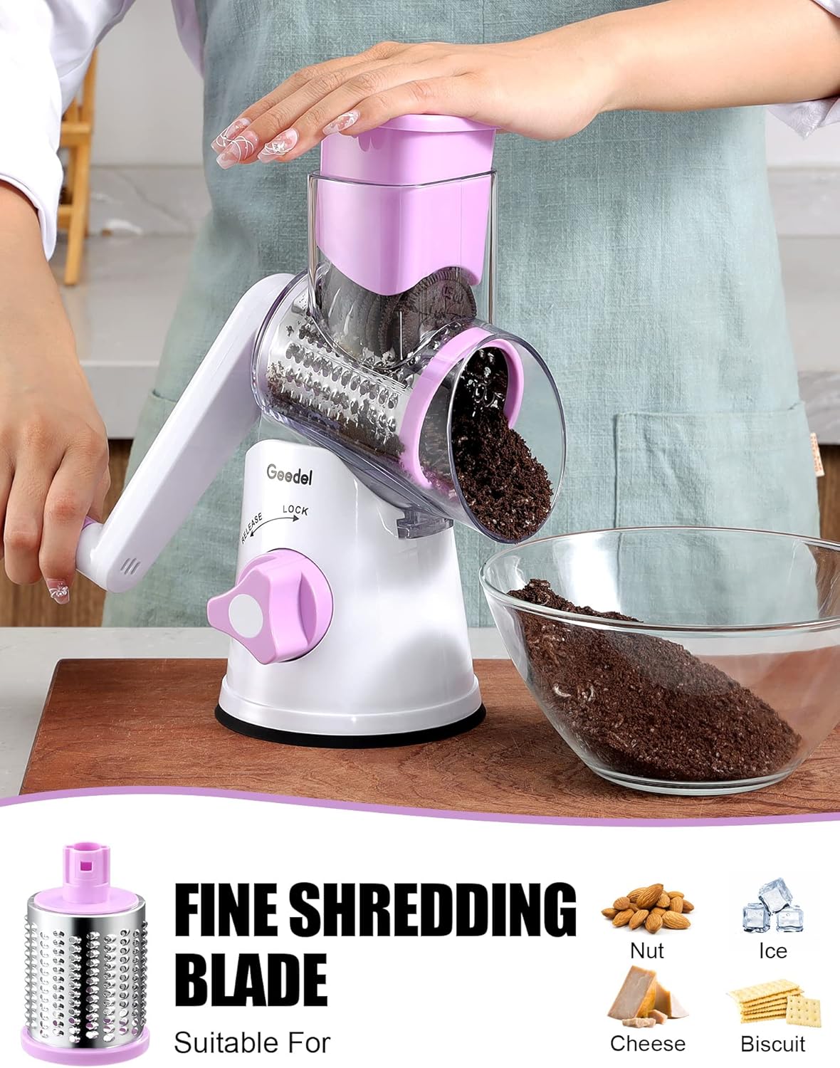 Geedel Kitchen Cheese Grater, Rotary Mandoline Vegetable Slicer with Interchangeable Blades, Easy to Use Rotary Grater Slicer for Fruit, Vegetables, Nuts - PuriLite