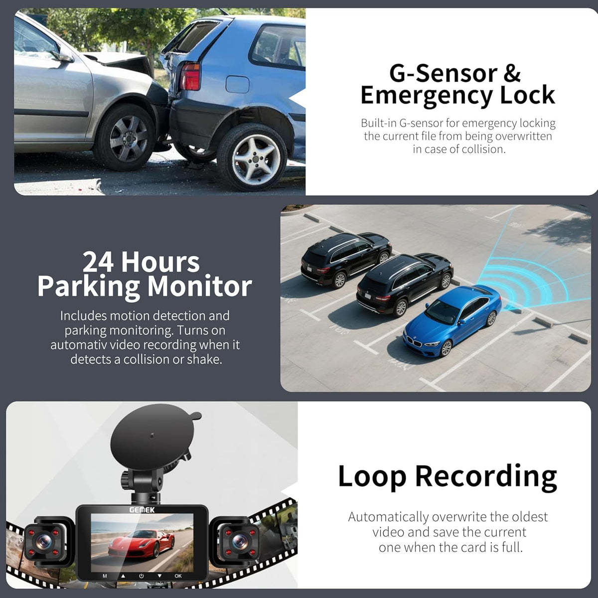 4 Channel Dash Cam 360° View 5G WiFi & APP Control, GEMEK 2K Front and Rear Inside, Left Right Dash Camera for Cars Free 64GB TF Card, G-Sensor, Night Vision, 24H Parking Mode - PuriLite