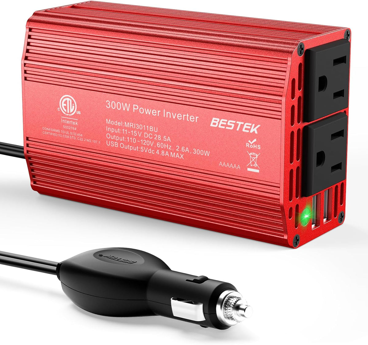 BESTEK Power Inverter DC 12V to AC 110V - 300W Car Plug Adapter Outlet with 4.8A Dual USB Fast Charging Port - Car Charger Cigarette Lighter Adapter for Phone, Laptop on Road Trip - Aluminum Housing - PuriLite