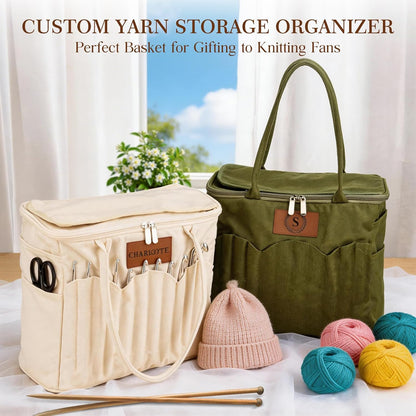 Personalized Name Crochet Bag, Stylish Yarn Bag for Crochet and Knitting Projects, Canvas Crochet Organizer with Multiple Pockets and Yarn Holes, Knitting Bag for Crochet Lovers, Mom, Grandma