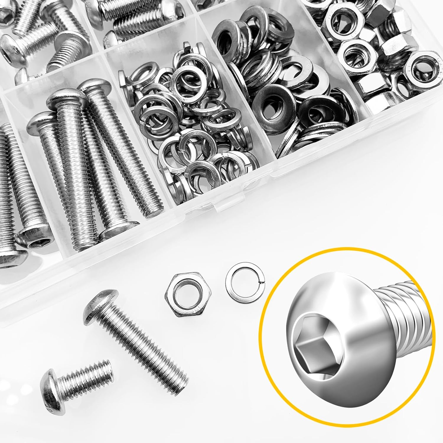 Mywish 900Pcs Metric Screw Assortment, M3 M4 M5 M6 Screw Assortment Kit 304 Stainless Steel Hex Socket Button Head Socket Cap Metric Screws Bolts & Flat Washers/Nuts/Hex Wrenches 16 Sizes 8MM to 20MM - PuriLite