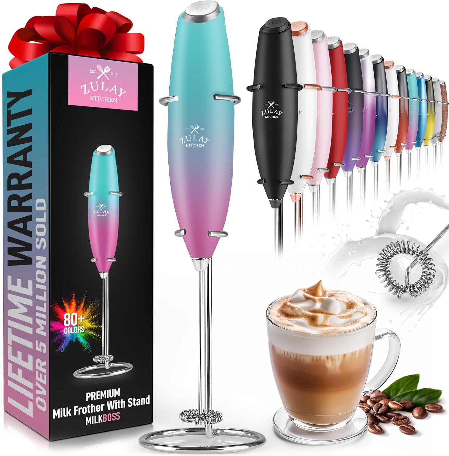 Zulay Kitchen Powerful Double Whisk Milk Frother Handheld - Foam Maker with Stand - Whisk Drink Mixer for Coffee, Mini Foamer for Latte, Matcha, Frappe, Hot Chocolate & Cappuccino (Black) - PuriLite