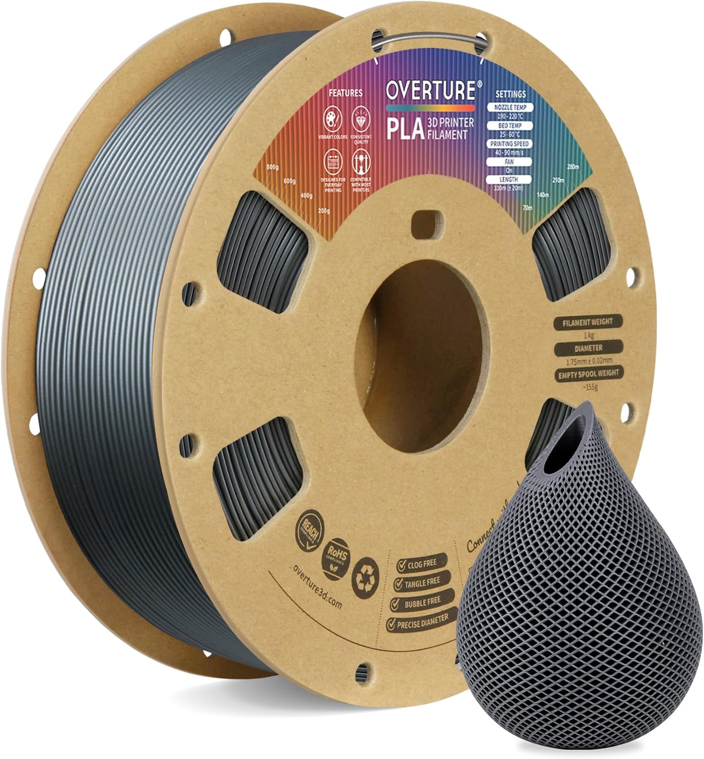 OVERTURE PLA Filament 1.75mm PLA 3D Printer Filament, 1kg Cardboard Spool (2.2lbs), Dimensional Accuracy +/- 0.02mm, Fit Most FDM Printer (Black 1-Pack) - PuriLite