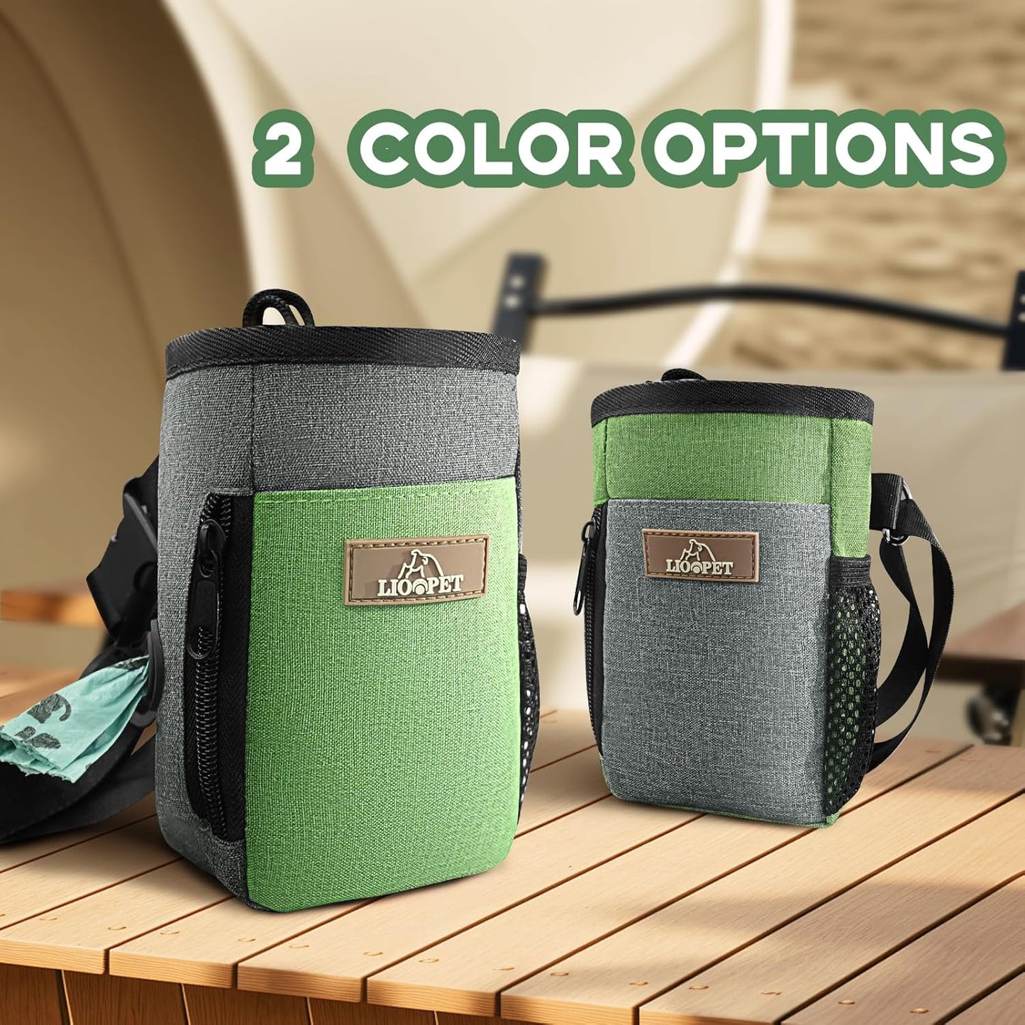 LIOOPET Dog Treat Pouch - Fashionable Green&Grey Design - Large Capacity Dog Treat Bag for Dog Walks, Outdoor Activities, Travel and Training - Includes 1 Poop Bags - PuriLite