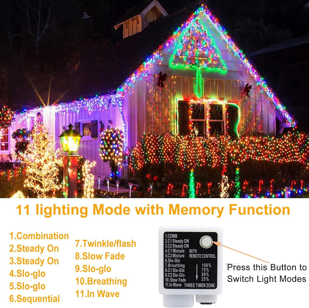 Haili Halloween Lights Outdoor, 105 FT 300 LED Halloween String Lights with Memory Function, Plug in 8 Mode String Lights for Halloween,Christmas,Party, Patio, House Decoration (Purple Orange) - PuriLite