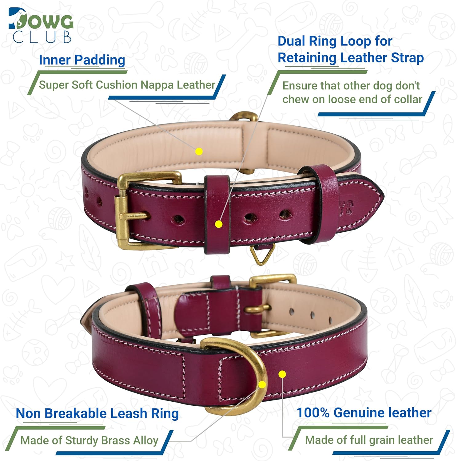 DowgClub | Genuine Leather Dog Collar | Full Grain, Heavy Duty | Comfortable, Strong | Best for Pups, Small, Medium & Large Breeds | Pink, Brown, Black, Tan - PuriLite