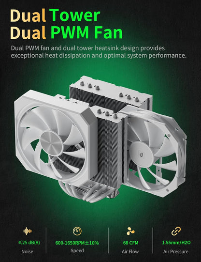 upHere White Dual-Tower 5V ARGB CPU Air Cooler, 6×Ф6mm Heatpipes,Dual PWM Fan Computer Cooling,TDP 265W, Intel LGA2066/2011/1700/1851/1200/115X; AMD AM4/AM5 (158mm in Height) up2TC6 - PuriLite