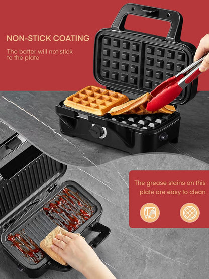 FOHERE 3-in-1 Waffle Maker, Sandwich Maker, Panini Press with Removable Plates, 5-Gear Temperature, LED Indicator Lights, Portable Handle, 1200W Belgian Electric Grill Cheese Machine - PuriLite