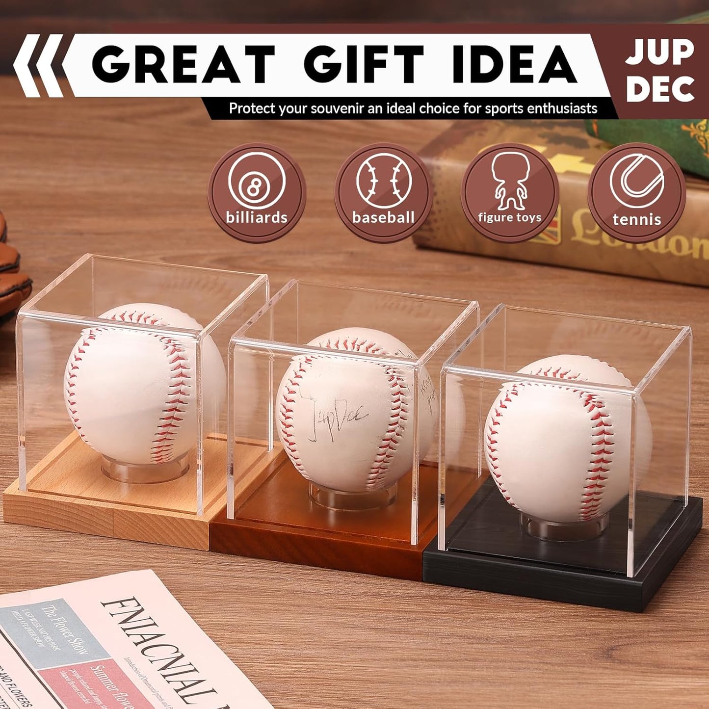 JupDec Baseball Display Case, Clear Cube Baseball Holder with Wooden Base, Autograph Baseball Stand Box for Single Ball, Acacia Wood, Brown, 1 Pack - PuriLite