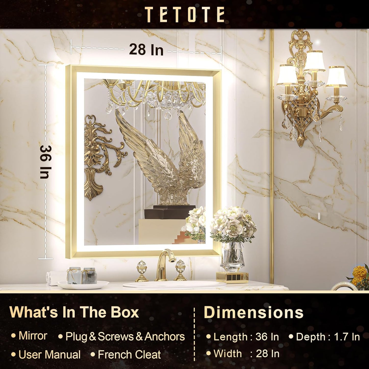 TETOTE 28x36 LED Mirror for Bathroom Black Metal Frame Frontlit & Backlit Lighted Vanity Mirror Baroque Gothic Anti Fog Stepless Dimmable White/Warm/Natural,Wall Mounted(Horizontal/Vertical) - PuriLite