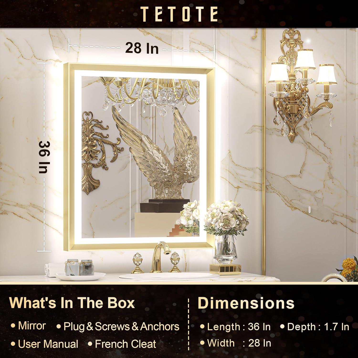 TETOTE 28x36 LED Mirror for Bathroom Black Metal Frame Frontlit & Backlit Lighted Vanity Mirror Baroque Gothic Anti Fog Stepless Dimmable White/Warm/Natural,Wall Mounted(Horizontal/Vertical) - PuriLite