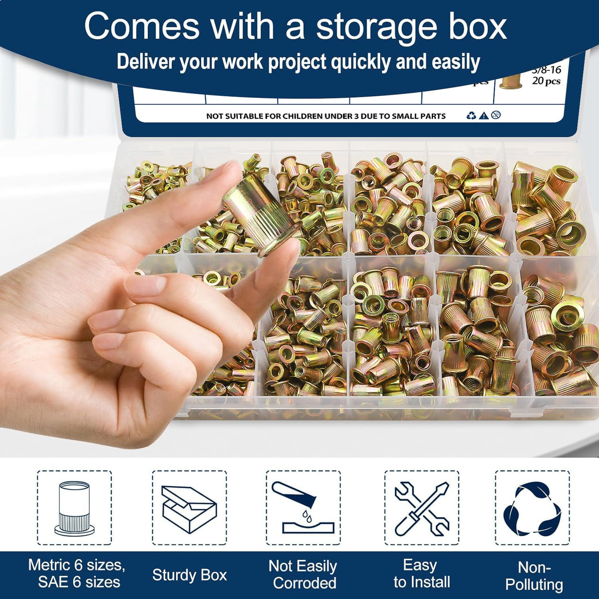 Vifmy Metric & SAE Rivet Nut Assortment Kit(420 Pcs),m3 m4 m5 m6 m8 m10 m12#6-32#8-32#10-24 1/4"-20 5/16"-18 3/8"-16 UNC Flat Head Rivnut Set,Zinc Plated Finish Carbon Steel Nutsert - PuriLite