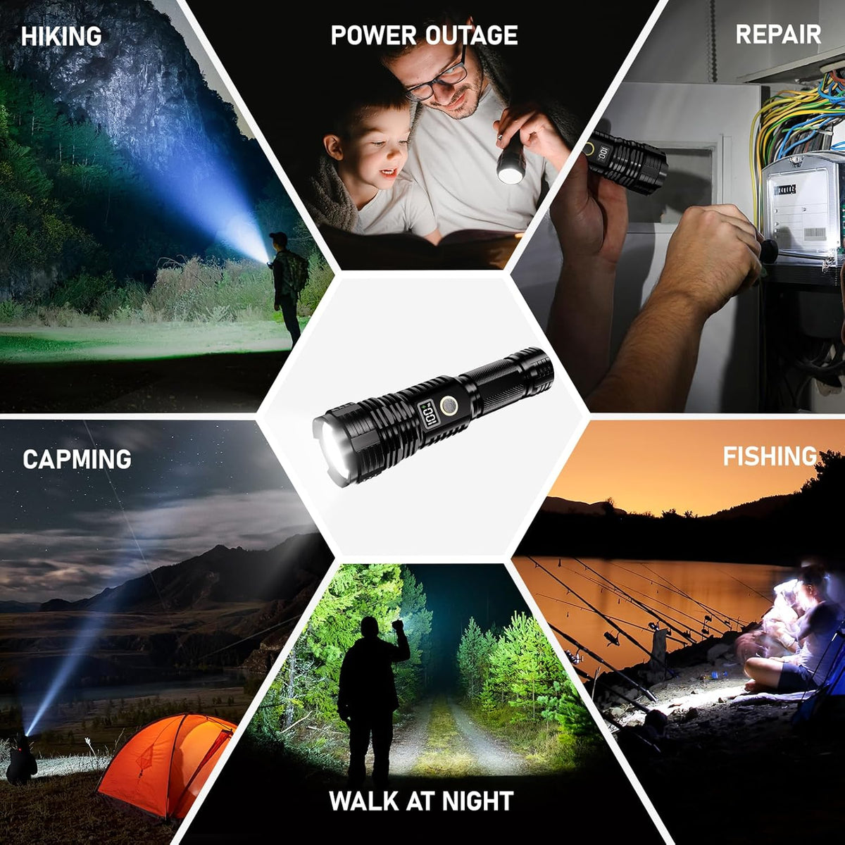 Flashlight rechargeable, 990000 High Lumens LED Flash Light, Super Bright Zoomable Lampe with LCD Digital Display, 5Modes Brightest Flashlights, Powerful Tactical Flashlight for Emergency Camping Gift - PuriLite
