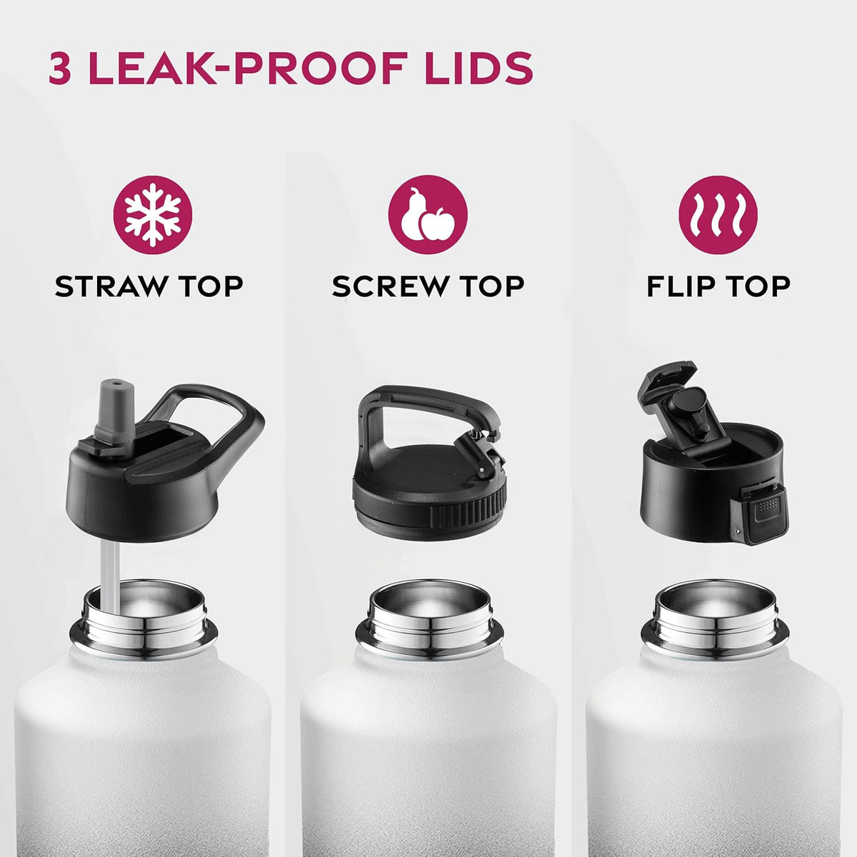 FineDine Water Bottle - Stainless Steel Insulated Water Bottle with Straw Lid, Flip Lid & Wide-Mouth Cap - Keeps Hot and Cold - 25 Oz / 739ml - Pure Pearly White - PuriLite
