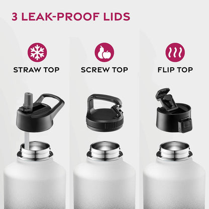 FineDine Water Bottle - Stainless Steel Insulated Water Bottle with Straw Lid, Flip Lid & Wide-Mouth Cap - Keeps Hot and Cold - 25 Oz / 739ml - Pure Pearly White - PuriLite