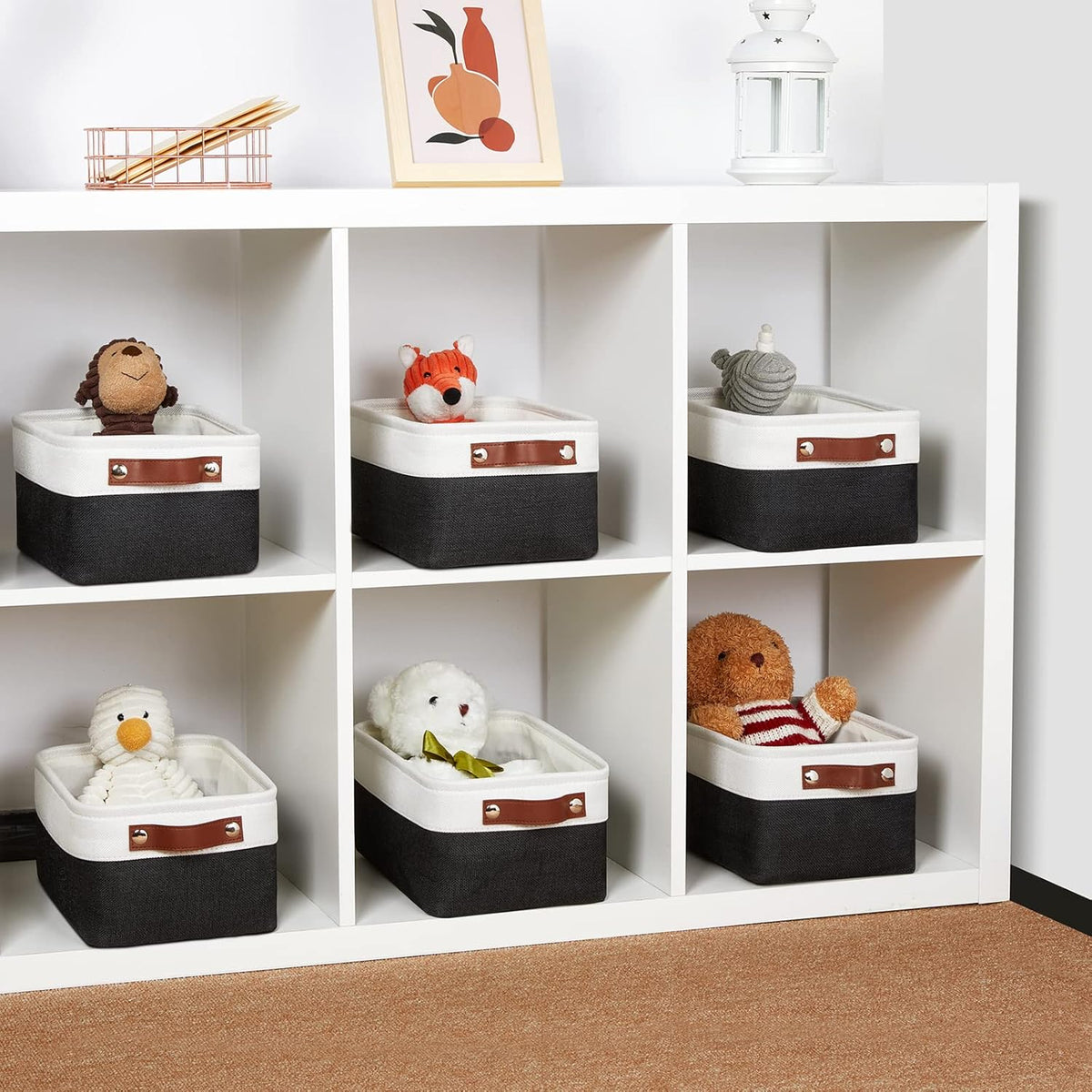 DULLEMELO Storage Baskets for Shelves, Fabric Collapsible Rectangular Storage Bins for Shelves, Closets, Nursery, Home, Office, Empty Gift Baskets (White&Teal) - PuriLite
