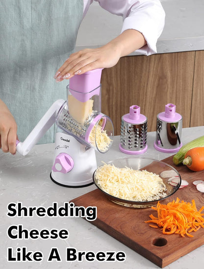 Geedel Kitchen Cheese Grater, Rotary Mandoline Vegetable Slicer with Interchangeable Blades, Easy to Use Rotary Grater Slicer for Fruit, Vegetables, Nuts - PuriLite