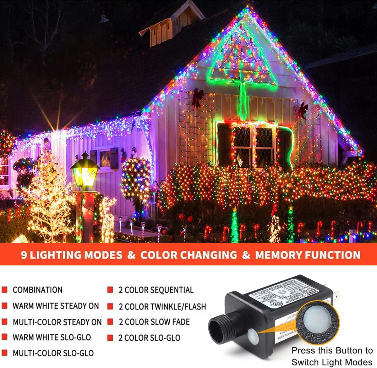 Haili Halloween Lights Outdoor, 105 FT 300 LED Halloween String Lights with Memory Function, Plug in 8 Mode String Lights for Halloween,Christmas,Party, Patio, House Decoration (Purple Orange) - PuriLite