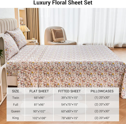 Viviland Floral Queen Sheet Set - 4 Piece Vintage Pink & Yellow Flower Patterned Bed Sheets - Soft, Breathable Microfiber Sheets with Deep Pocket, Non-Slip Fitted Sheets & Pillowcases - PuriLite