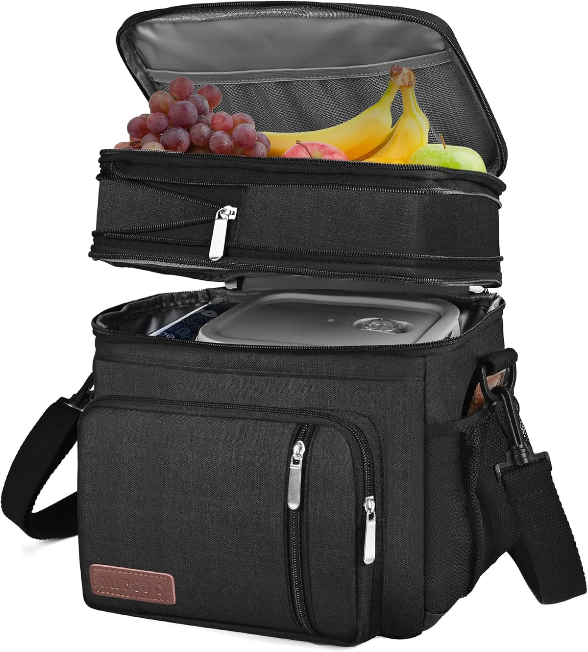 Lunch Bag for Women Men Double Deck Lunch Box - Leakproof Insulated Soft Large Lunch Cooler Bag, MIYCOO (Black,15L) - PuriLite