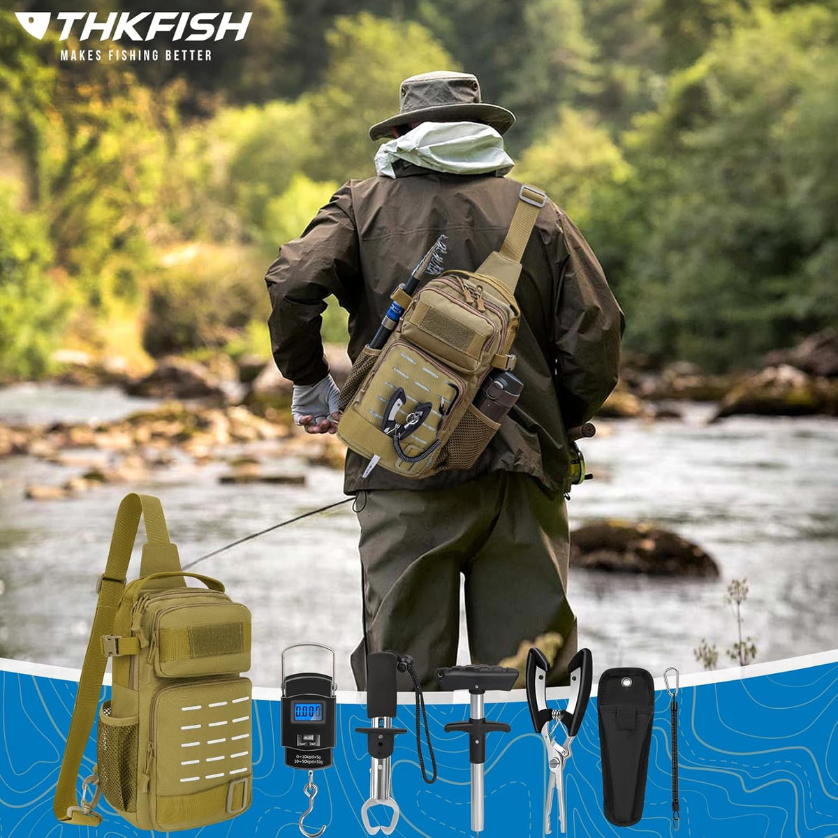 THKFISH 7 Pcs Fishing Tool Kit, Fishing Backpack with Fishing Pliers Tackle Kits, Fish Hook Remover Tools, Fish Plier with Sheath and Tool Lanyards, Digital Fishing Weight Scale - PuriLite