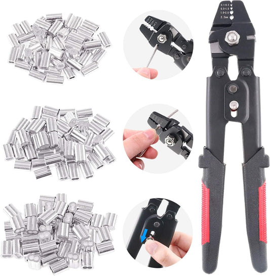 Glarks Up to 2.2mm Wire Rope Crimping Tool Wire Rope Swager Crimper Fishing Crimping Tool with 180Pcs 1.2/1.5/2mm Aluminum Double Barrel Ferrule Crimping Loop Sleeve Kit - PuriLite