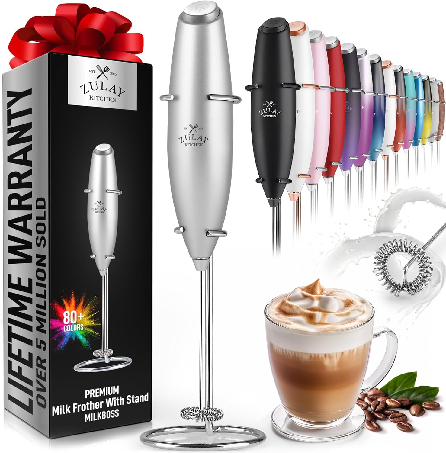 Zulay Kitchen Powerful Double Whisk Milk Frother Handheld - Foam Maker with Stand - Whisk Drink Mixer for Coffee, Mini Foamer for Latte, Matcha, Frappe, Hot Chocolate & Cappuccino (Black) - PuriLite