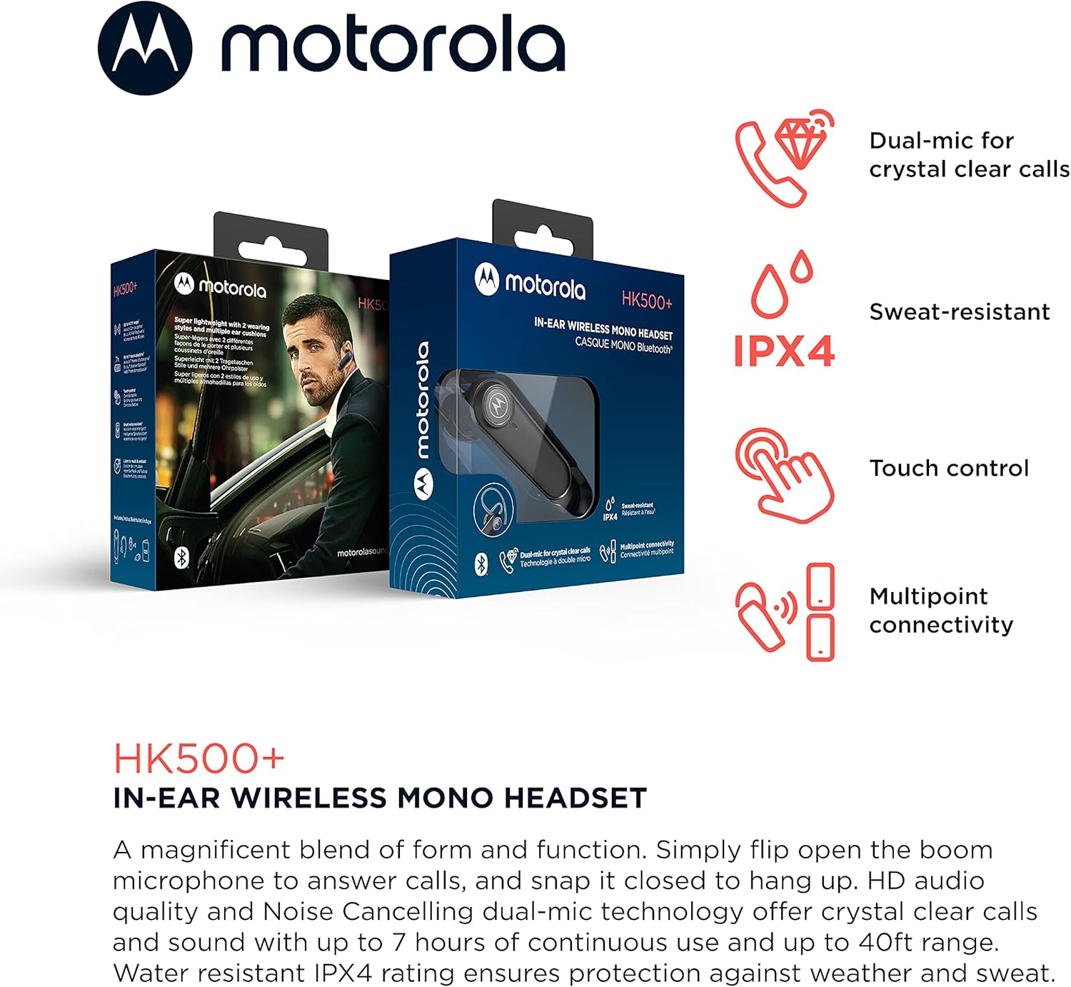 Motorola Sound HK500+ Bluetooth Earpiece Hands-Free Wireless Headset with Microphone - IPX4 Water Resistant Bluetooth Phone Earpiece for Phone Calls, Compatible with iPhone and Cell Phones - PuriLite