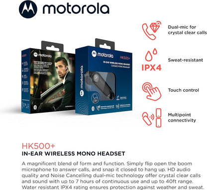 Motorola Sound HK500+ Bluetooth Earpiece Hands-Free Wireless Headset with Microphone - IPX4 Water Resistant Bluetooth Phone Earpiece for Phone Calls, Compatible with iPhone and Cell Phones - PuriLite