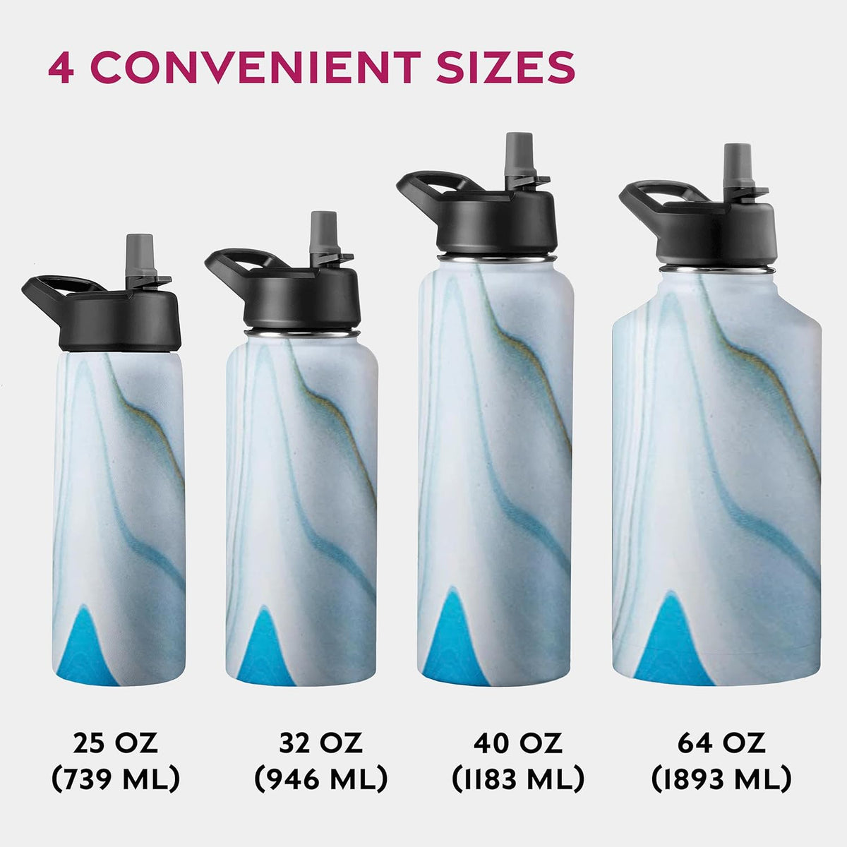 FineDine Water Bottle - Stainless Steel Insulated Water Bottle with Straw Lid, Flip Lid & Wide-Mouth Cap - Keeps Hot and Cold - 25 Oz / 739ml - Pure Pearly White - PuriLite