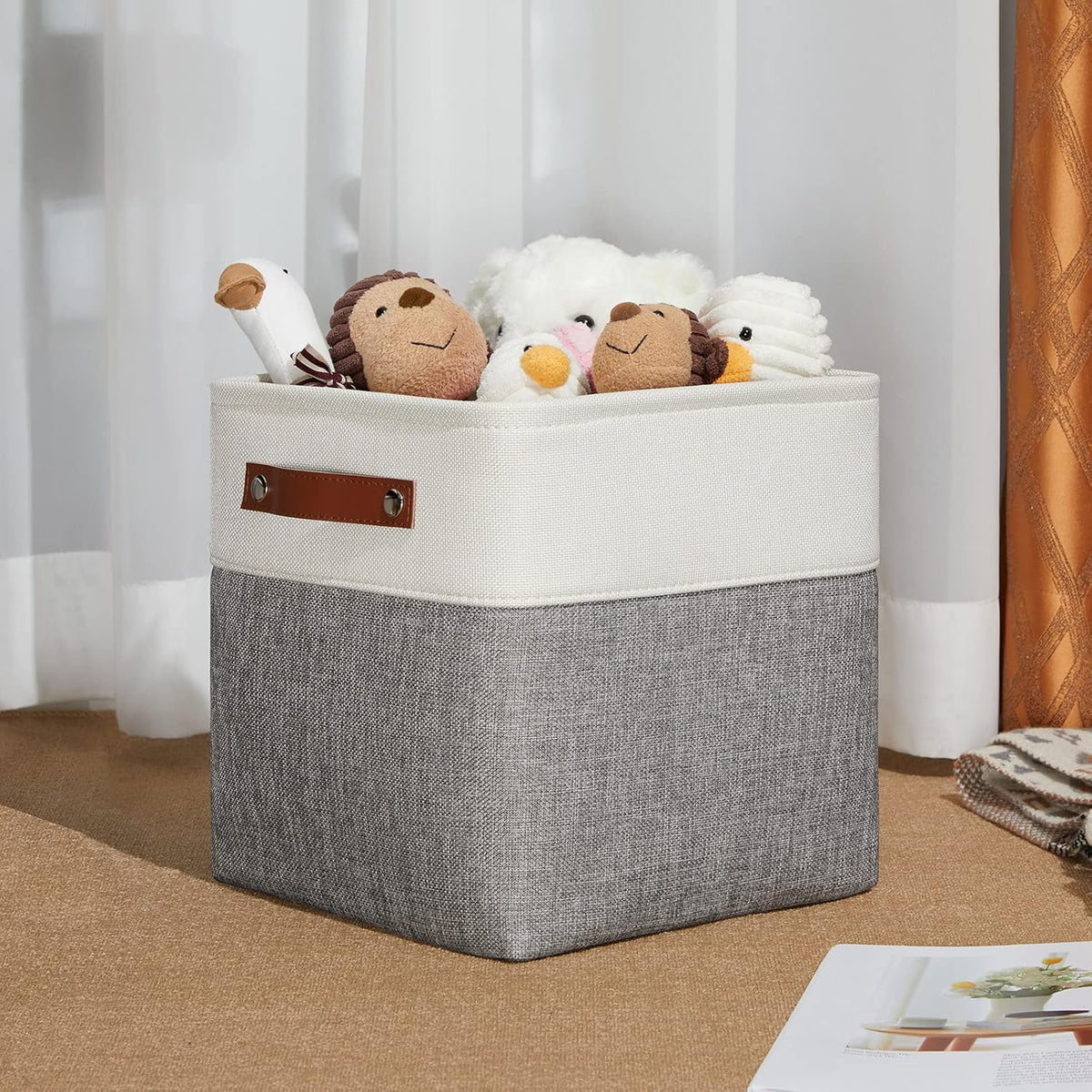 DULLEMELO Storage Baskets for Shelves, Fabric Collapsible Rectangular Storage Bins for Shelves, Closets, Nursery, Home, Office, Empty Gift Baskets (White&Teal) - PuriLite