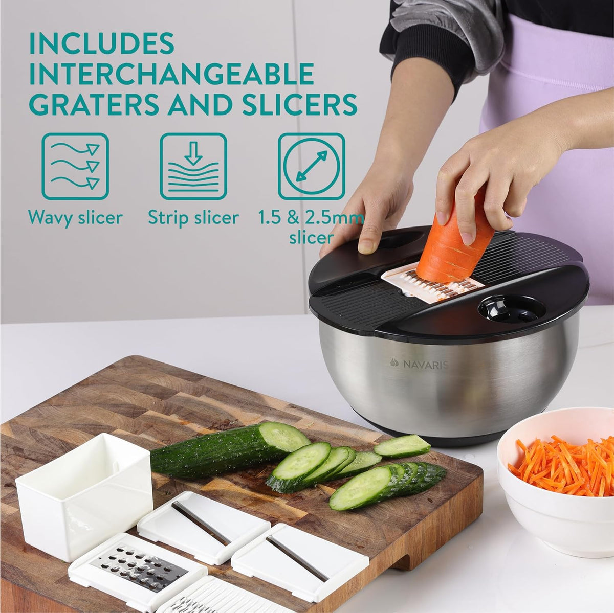 Navaris Salad Spinner with Lid - Salad Spinner Stainless Steel - Salad Dryer - Easy Washing, Drying and Spinning - Includes Grating and Slicing Discs - PuriLite