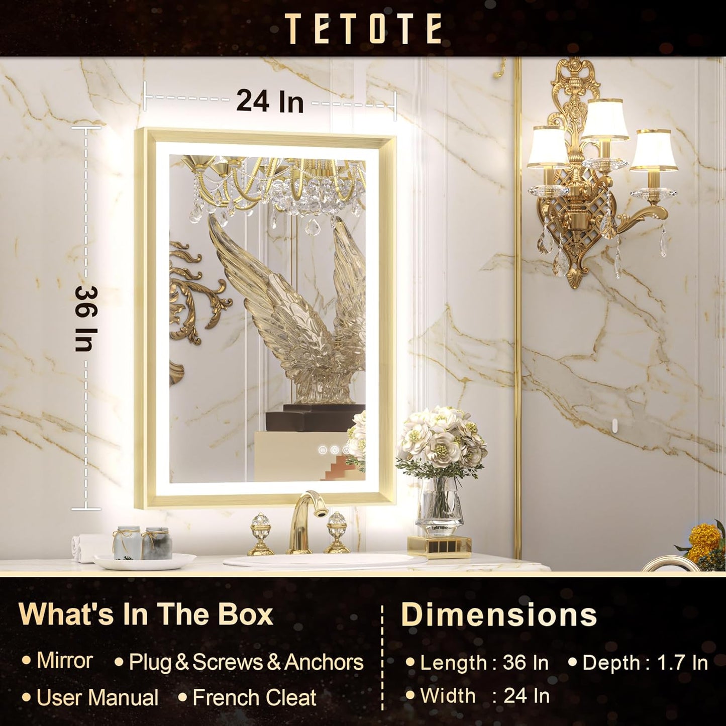 TETOTE 28x36 LED Mirror for Bathroom Black Metal Frame Frontlit & Backlit Lighted Vanity Mirror Baroque Gothic Anti Fog Stepless Dimmable White/Warm/Natural,Wall Mounted(Horizontal/Vertical) - PuriLite