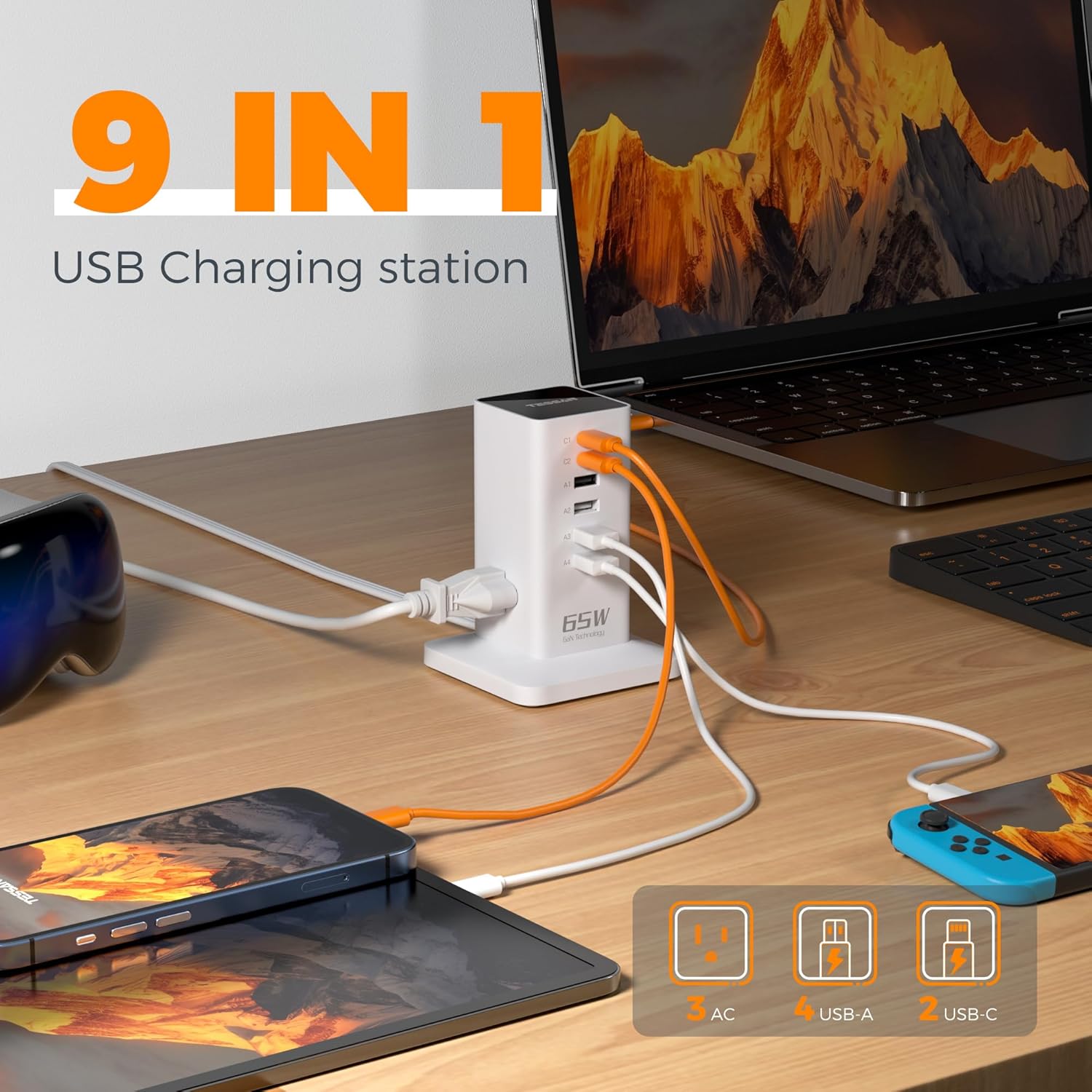Charging Station, TESSAN 65W Max GaN USB C Charger Block, 6-Ports and 3 AC Outlets Power Tower, Fast Charging for Multiple Devices, Compatible with iPhone, Samsung and More, White - PuriLite