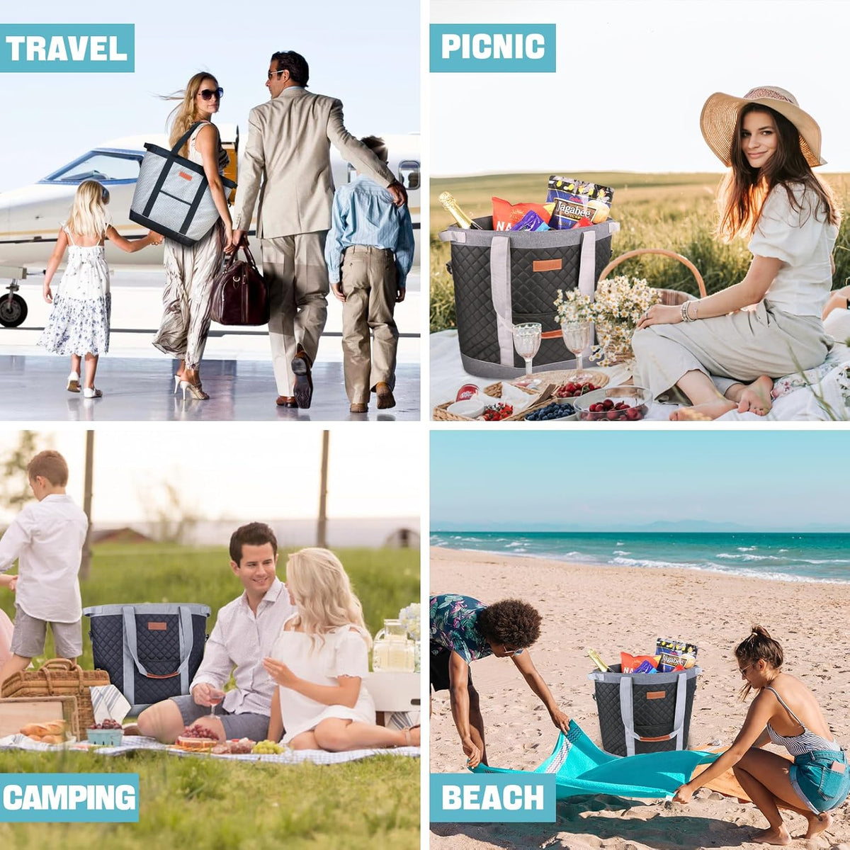 INSMEER Extra Large Tote Cooler Bags - 45 Cans/35L, Collapsible Soft Side Cooler with Shoulder Strap, Leakproof/Waterproof/Insulated/Reusable Grocery Bag for Beach, Camping, Travel, Grocery Shopping - PuriLite
