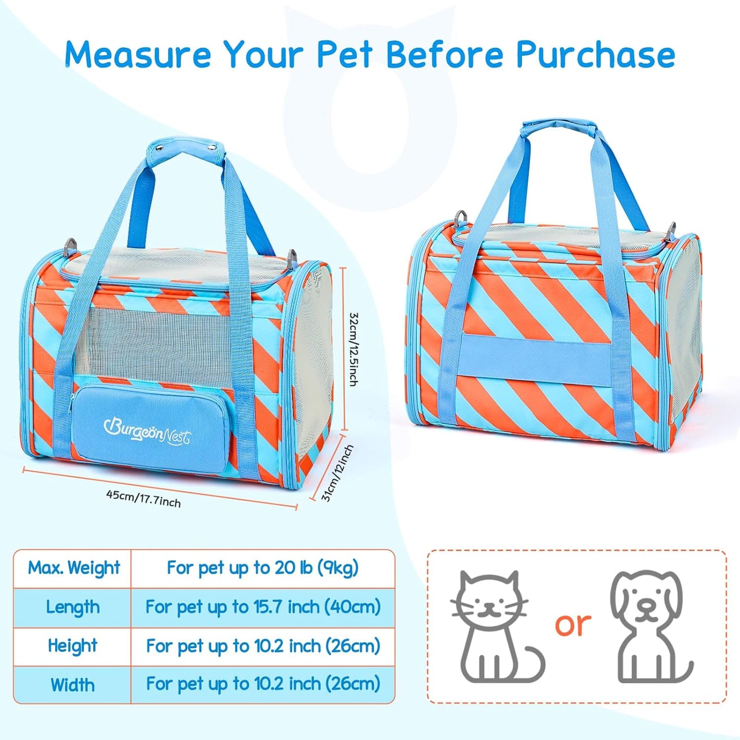 BurgeonNest Cat Carriers for Medium Cats Under 25 lbs, Pet Carrier for Cats with Unique Side Bag,Top Load Small Pet Carrier Soft-Sided Escape Proof with 4 Ventilated Windows - PuriLite
