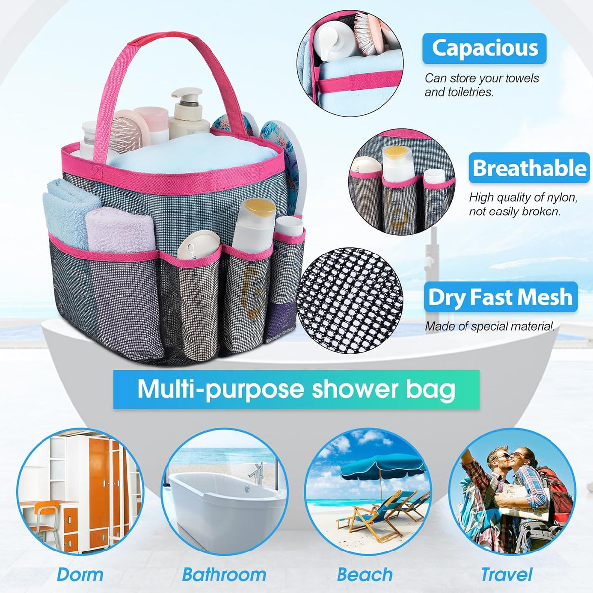 Attmu Mesh Shower Caddy Portable for College Dorm Room Essentials with 8 Pockets, Hanging Shower Caddy Basket Tote Bag Toiletry Accessories for Bathroom - PuriLite