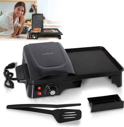 NutriChef Electric Griddle - Dual Hot Plate Cooktop Crepe Maker with Press Grill, Nonstick Coating, Rotary Temperature Control, Plug-in Operation & Oil Tray for Kitchen & Countertop (PKGRIL43) - PuriLite