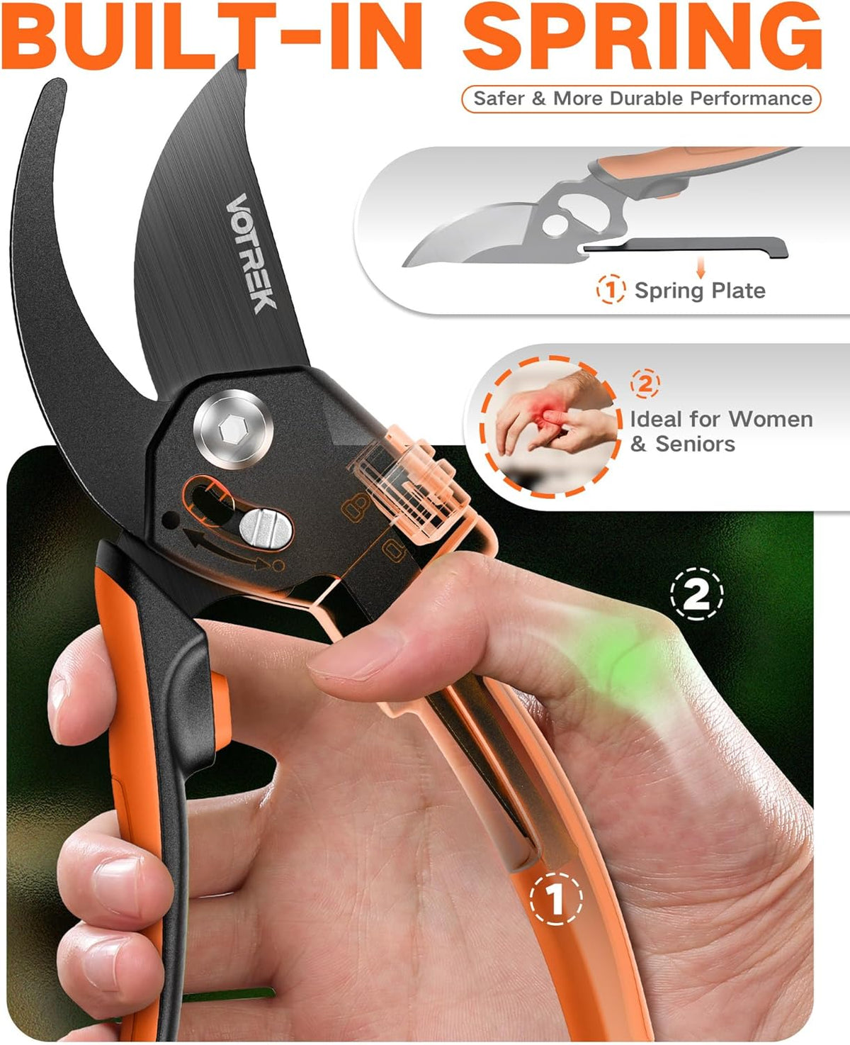 VOTREK Pruning Shears - 8.5" Heavy Duty Bypass Pruners for Gardening with Built-in Spring & SK5 Steel Blades - Ergonomic Adjustable Handle for All Hand Sizes, Garden Clipper Plant Scissors for Branch - PuriLite