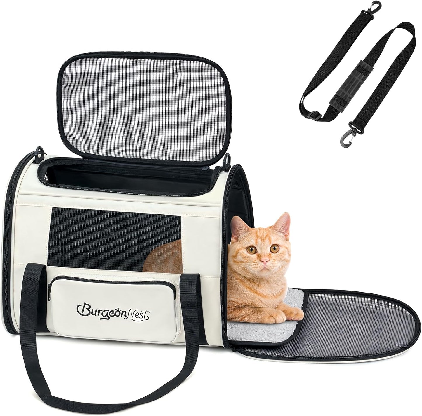 BurgeonNest Cat Carriers for Medium Cats Under 25 lbs, Pet Carrier for Cats with Unique Side Bag,Top Load Small Pet Carrier Soft-Sided Escape Proof with 4 Ventilated Windows - PuriLite