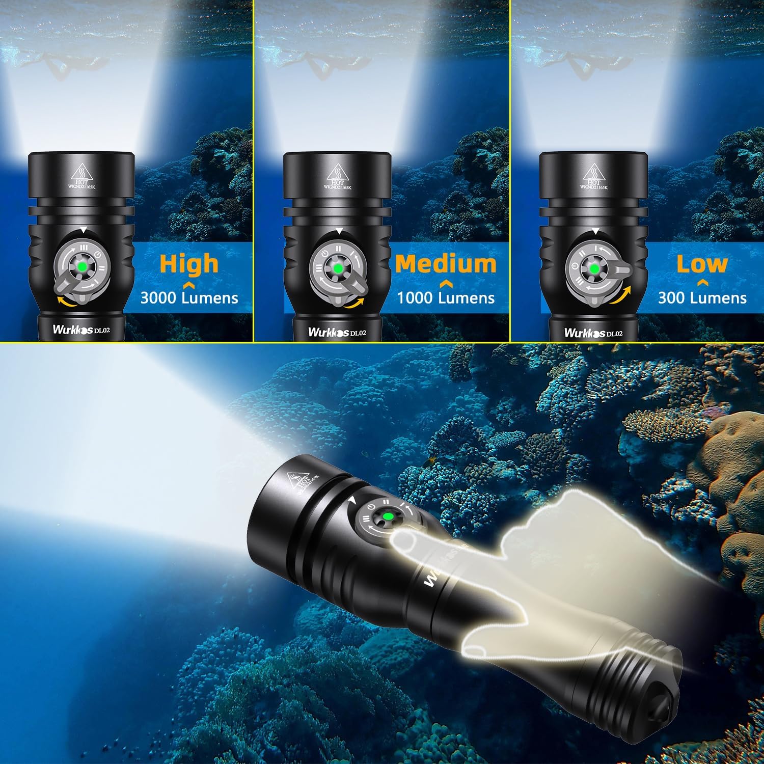 Wurkkos DL02 Scuba Diving Flashlight, Max 3000Lumen, 496M Long Range, 100M Underwater, Power Indicator, 3 Lighting Modes, Submarine Light for Deep Sea Cave - PuriLite