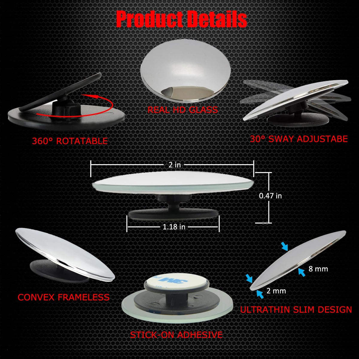 Ampper Blind Spot Mirror, 2" Round HD Glass Frameless Convex Rear View Mirror, Pack of 2 - PuriLite