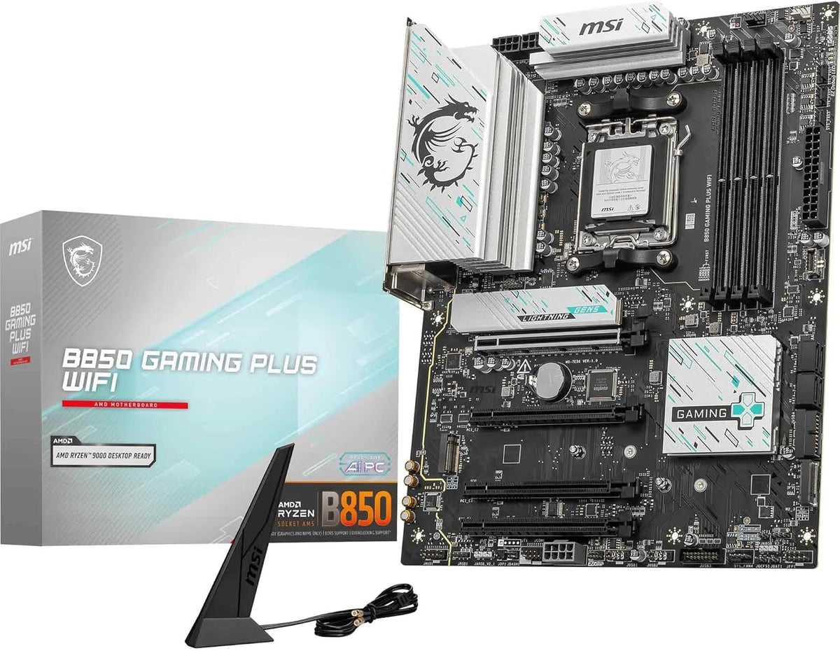 MSI B850 Gaming Plus WiFi Gaming Motherboard (AMD Ryzen 9000/8000/7000 Series Processors, AM5, DDR5, PCIe 4.0, M.2, SATA 6Gb/s, USB 3.2 Gen 2, HDMI/DP, Wi-Fi 6E, Bluetooth 5.3, 2.5Gbps LAN, ATX) - PuriLite